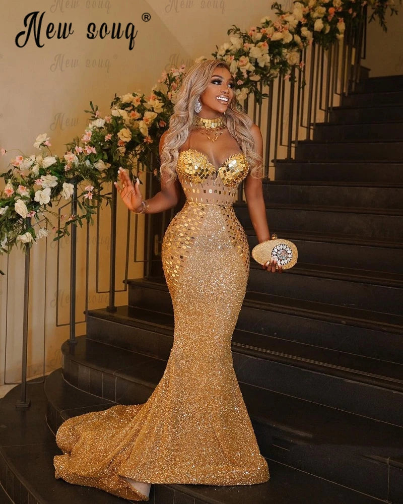 Gold Mermaid Evening Dress with Rhinestones