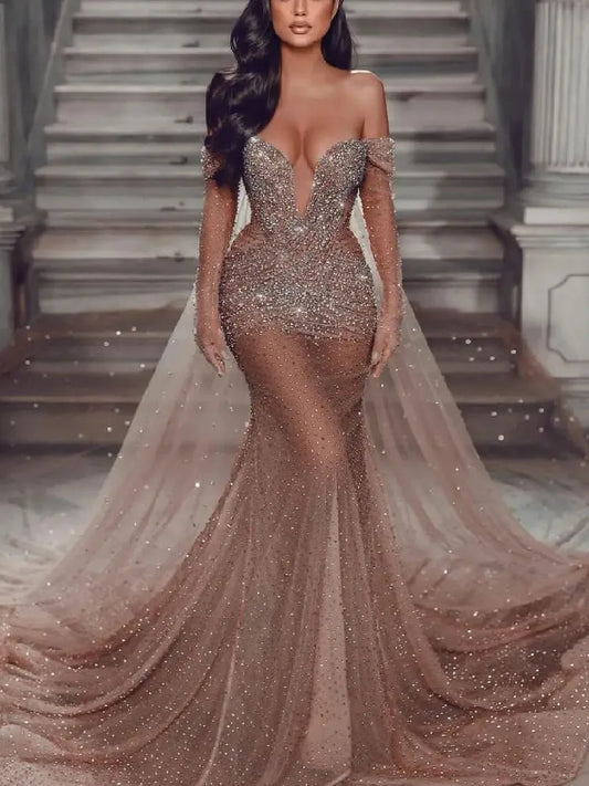 Sexy Mermaid Evening Dress V Neck Sequins Lace Diamonds Prom Dress