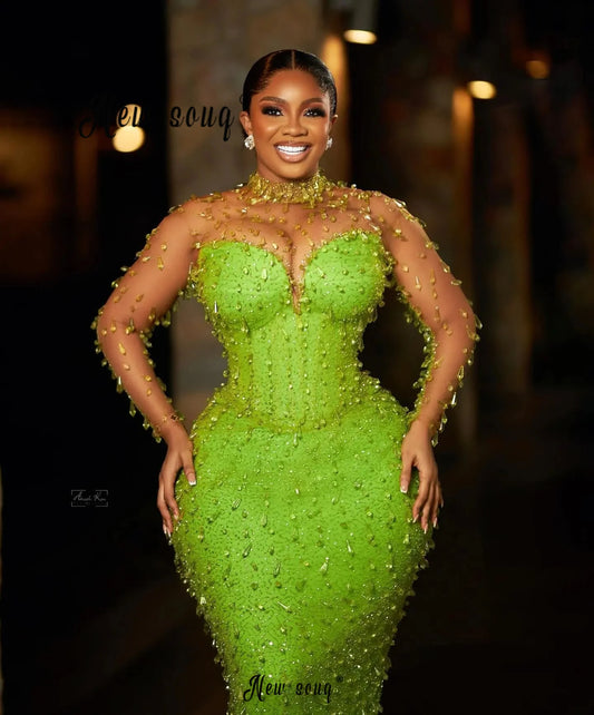 African Green Prom Dress with Crystals