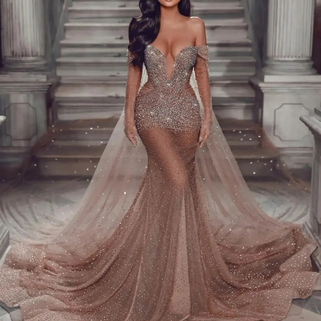 Sexy Mermaid Evening Dress V Neck Sequins Lace Diamonds Prom Dress