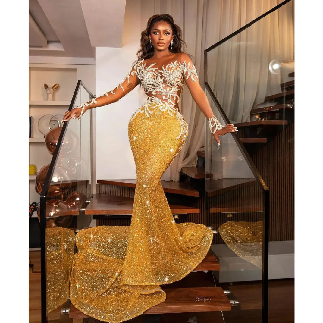 Glamorous Gold Mermaid Evening Dress with Sparkling Sequins and Lace A