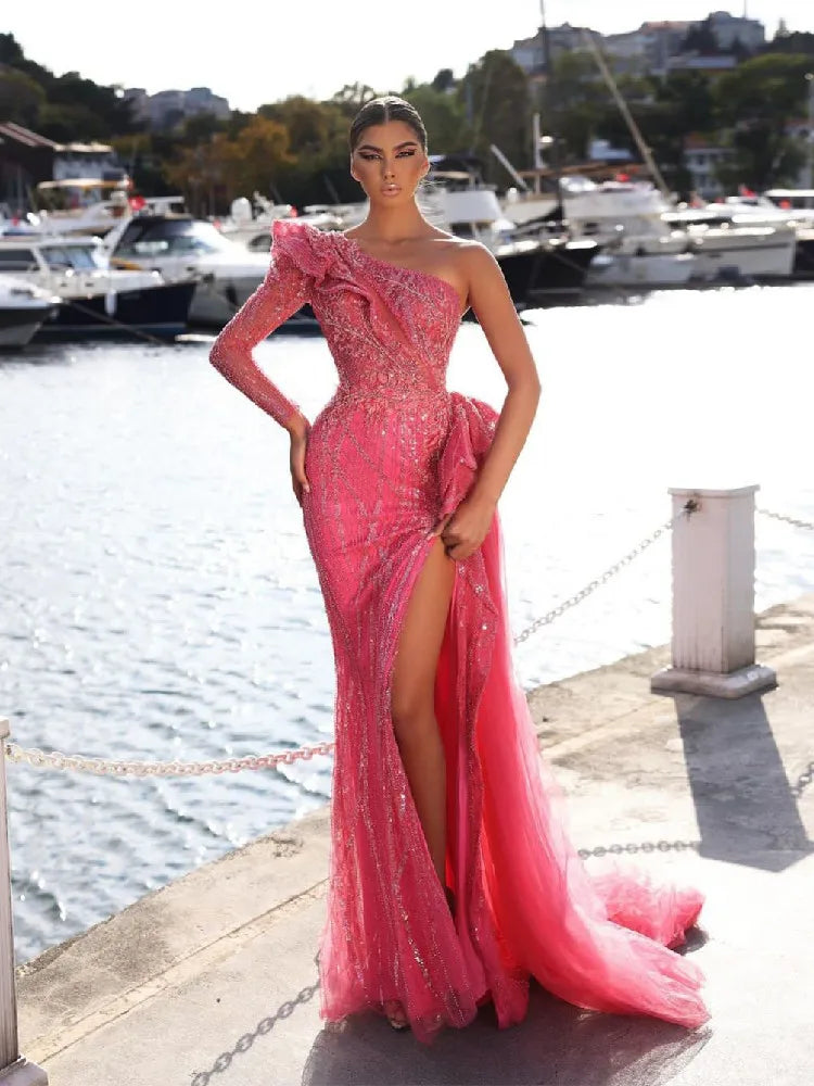 Custom Pink Sparkly Evening Dress - Bateau Neck, Long Sleeve, Side Slit, Beaded, Lace Appliques - Celebrity Prom