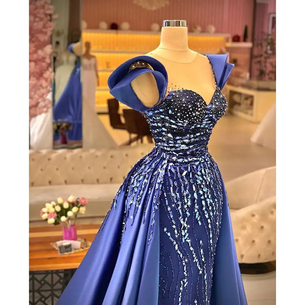 Blue Mermaid Prom Dress with Detachable Train - Elegant Formal Gown for Women