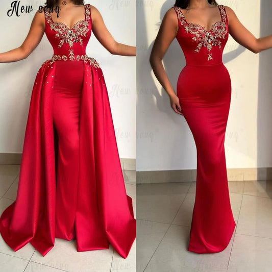 Elegant Red Mermaid Evening Dress with Embroidery & Beading