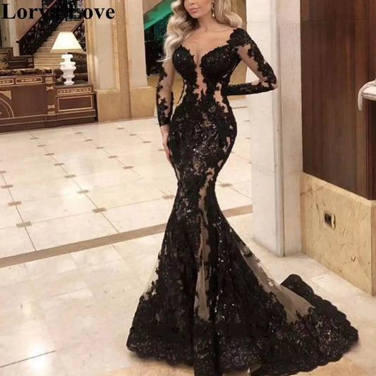 2024 Sexy V-Neck Black Evening Dress | Long Sleeves | Elegant Prom Gown