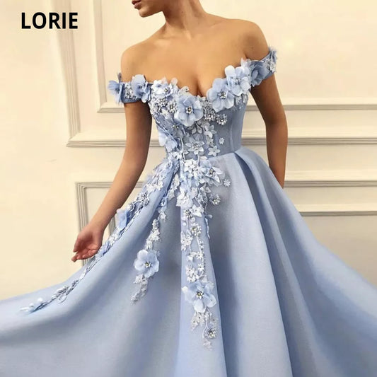 Baby Blue Off Shoulder Prom Dress - 3D Floral Evening Gown - Customizable Plus Size