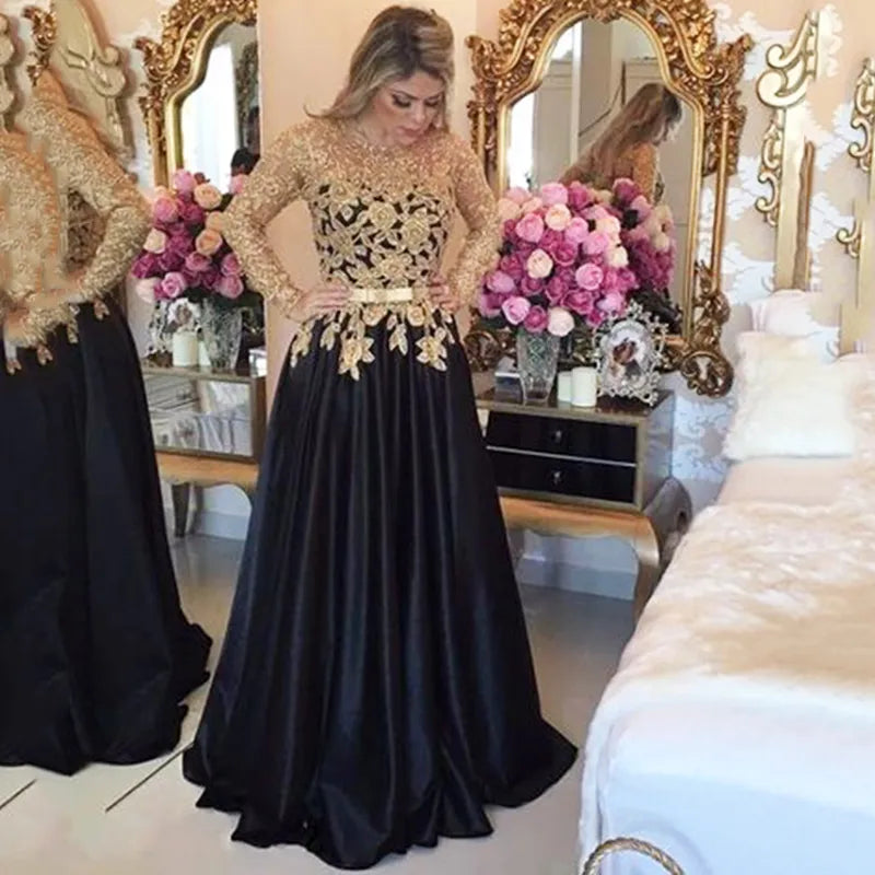 New Stylish Long Sleeves Prom Dresses Gold Applique Black Evening Gown