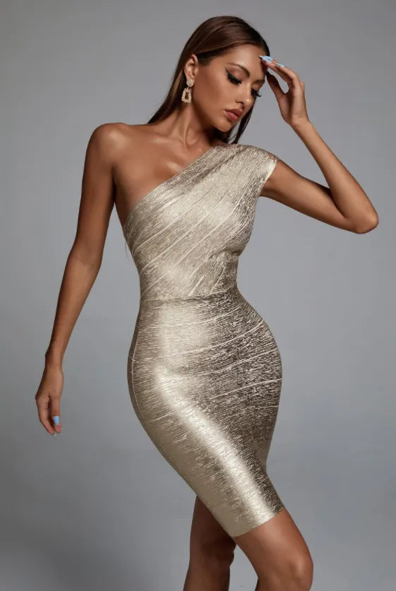 Gold Foil One Shoulder Bandage Dress - High Quality, Elegant Party Vestidos