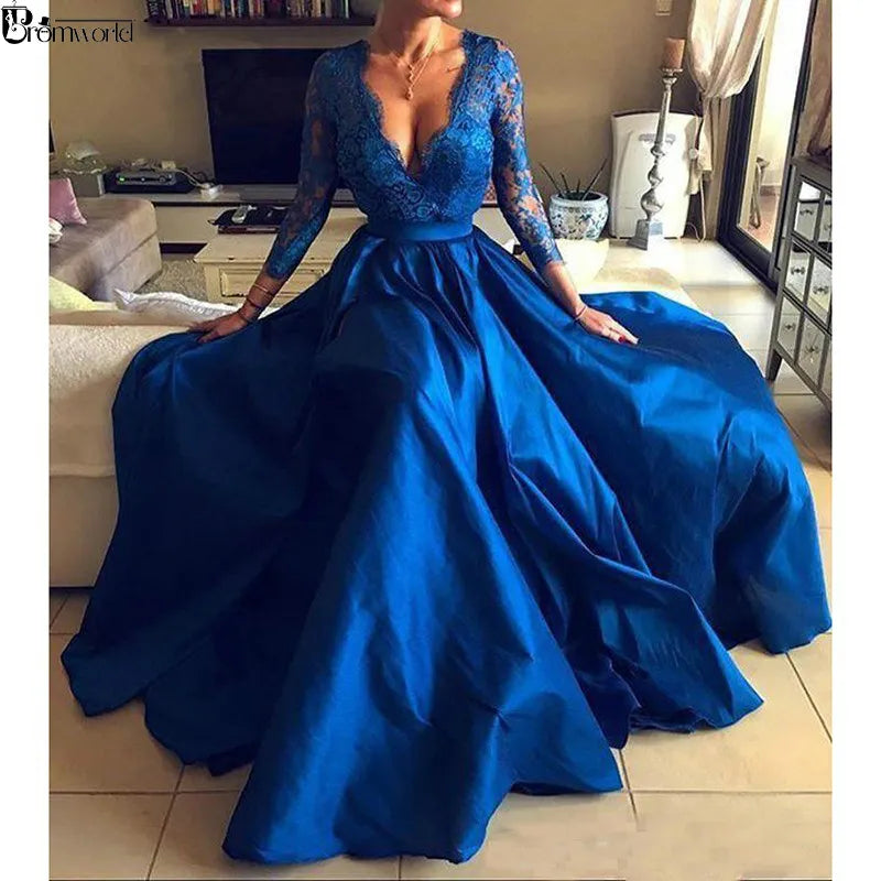 Royal Blue Plus Size Evening Dress - Customizable Formal Gown with Lace and V-Neck