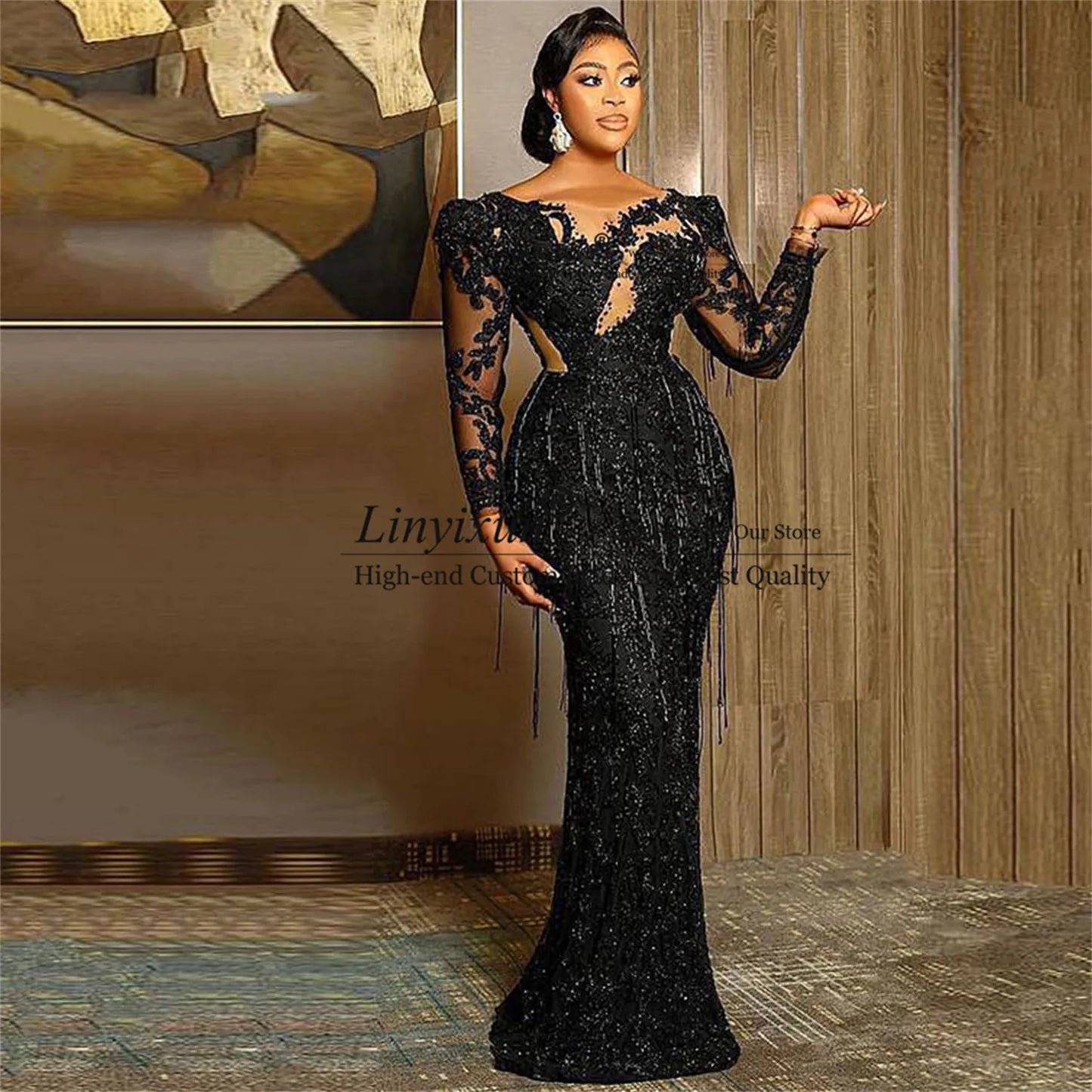 Black Sequin Mermaid Prom Dress with Long Sleeves - Plus Size Evening Gown