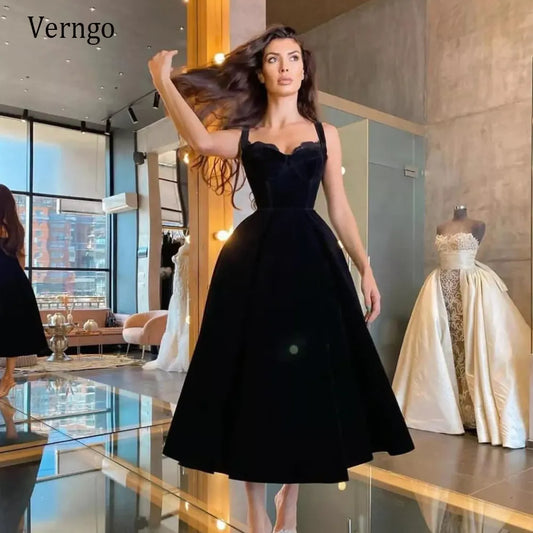 Verngo Black Velour Evening Dress - Plus Size Tea Length Prom Gown - Customizable