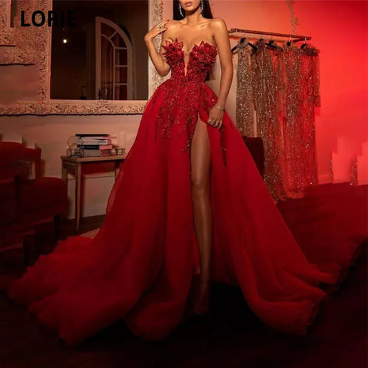 Red Elegant Split Tulle Ball Gown - Handmade Prom Dress for Formal Evening Parties