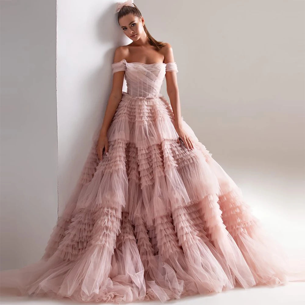 Customizable Dusty Pink Prom Dress with Sweetheart Neckline and Ruffled Tulle Skirt - Off Shoulder A-Line Party Gown