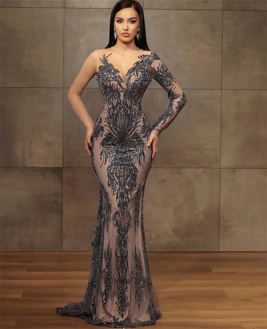 Stunning Custom Grey Mermaid Prom Dress with Sequins and Beads - Floor Length Glitter Party Gown