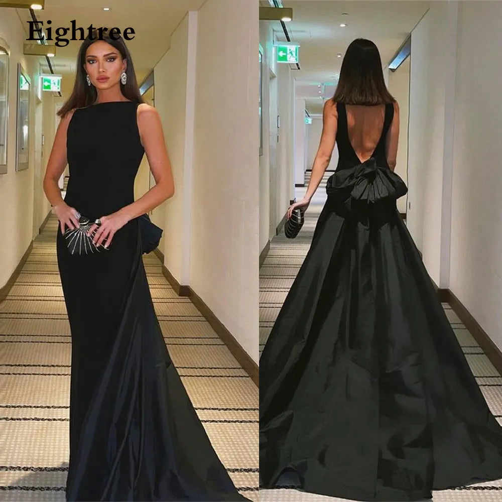 Eightree O Neck Black Backless Bow Prom Dress A Line Sleeveless Long T