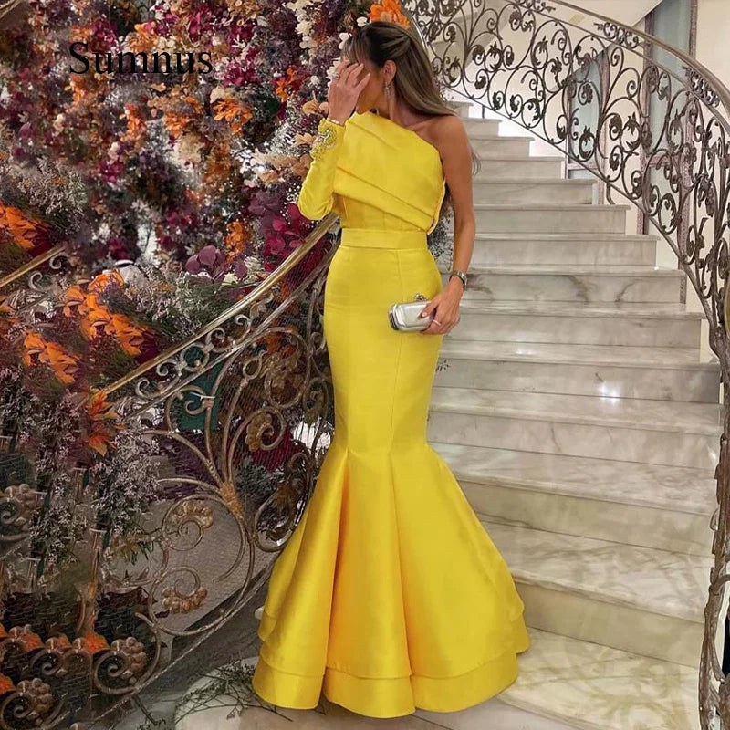 Stunning Sumnus Yellow Evening Gown - One Shoulder, Full Sleeve, Beaded, Floor Length