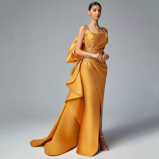 Stunning Golden Satin Prom Dress with Square Collar and Backless Design, Perfect for Weddings and Evening Parties