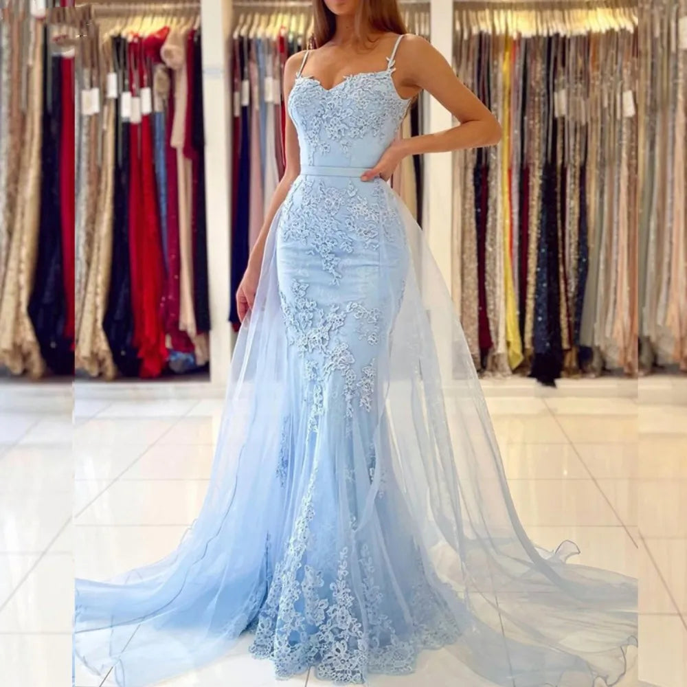 Customizable Light Blue Mermaid Prom Dress with Sweetheart Neckline, Lace Appliques, and Detachable Tulle Train - Fast Shipping!