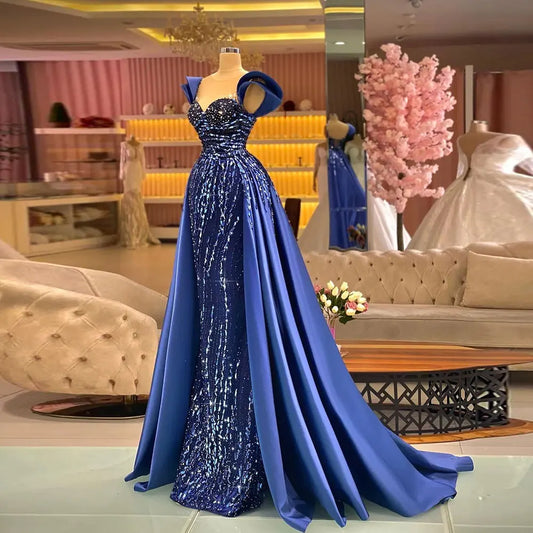 Blue Mermaid Prom Dress with Detachable Train - Elegant Formal Gown for Women