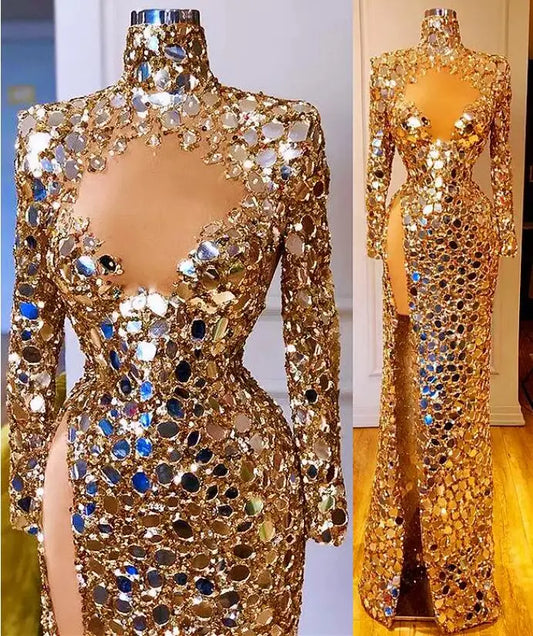 Gold Sequined Arabic Aso Ebi Prom Dress - High Split' "Stunning Gold Sequin Arabic Aso Ebi Prom Dress - High Split