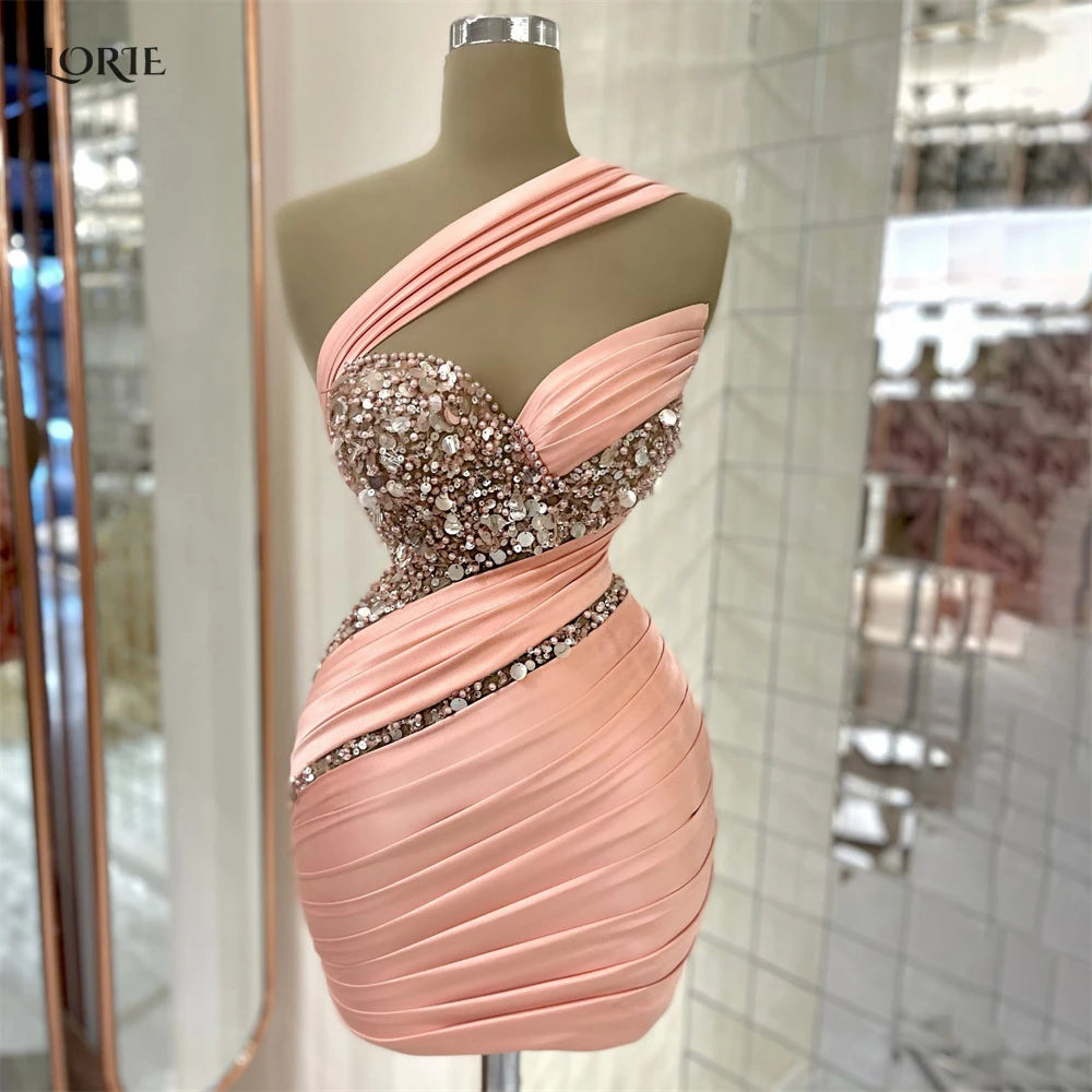 LORIE Pink Cocktail Gown | One Shoulder | Beaded | Pleated | Luxury | Sexy | Dubai | Women's Prom Dress