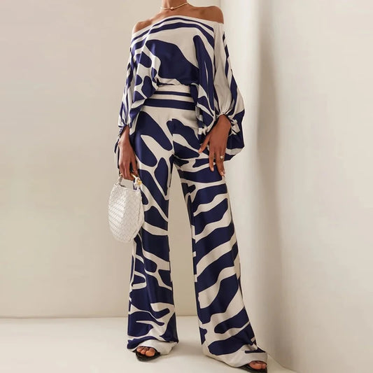 Straight Wide Leg Pants Women Print Two Piece Set Casual Summer Female