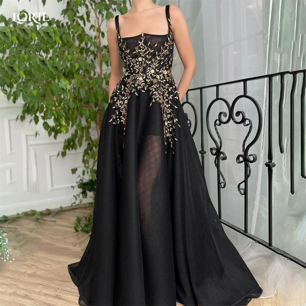 Black Formal Prom Dress with Gold Beadings and Spaghetti Straps | A-Line Illusion Evening Gown for Graduation Party