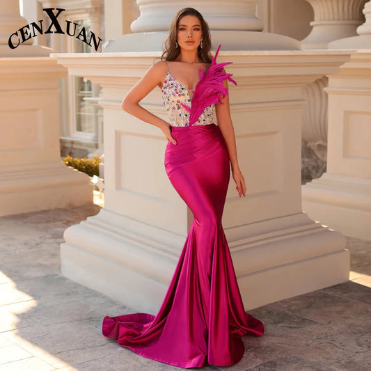 Elegant CENXUAN Mermaid Prom Dress with Feather and Crystal Details, Custom Made for a Glamorous Look