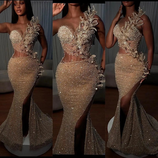 Dubai Floral Mermaid Prom Dress - Sparkly, Beaded, High Slit, Sexy, Evening Gown