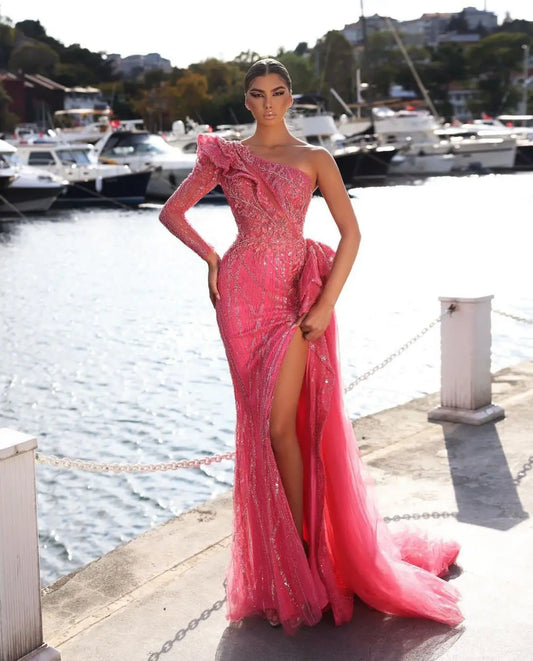 Custom Pink Sparkly Evening Dress - Bateau Neck, Long Sleeve, Side Slit, Beaded, Lace Appliques - Celebrity Prom