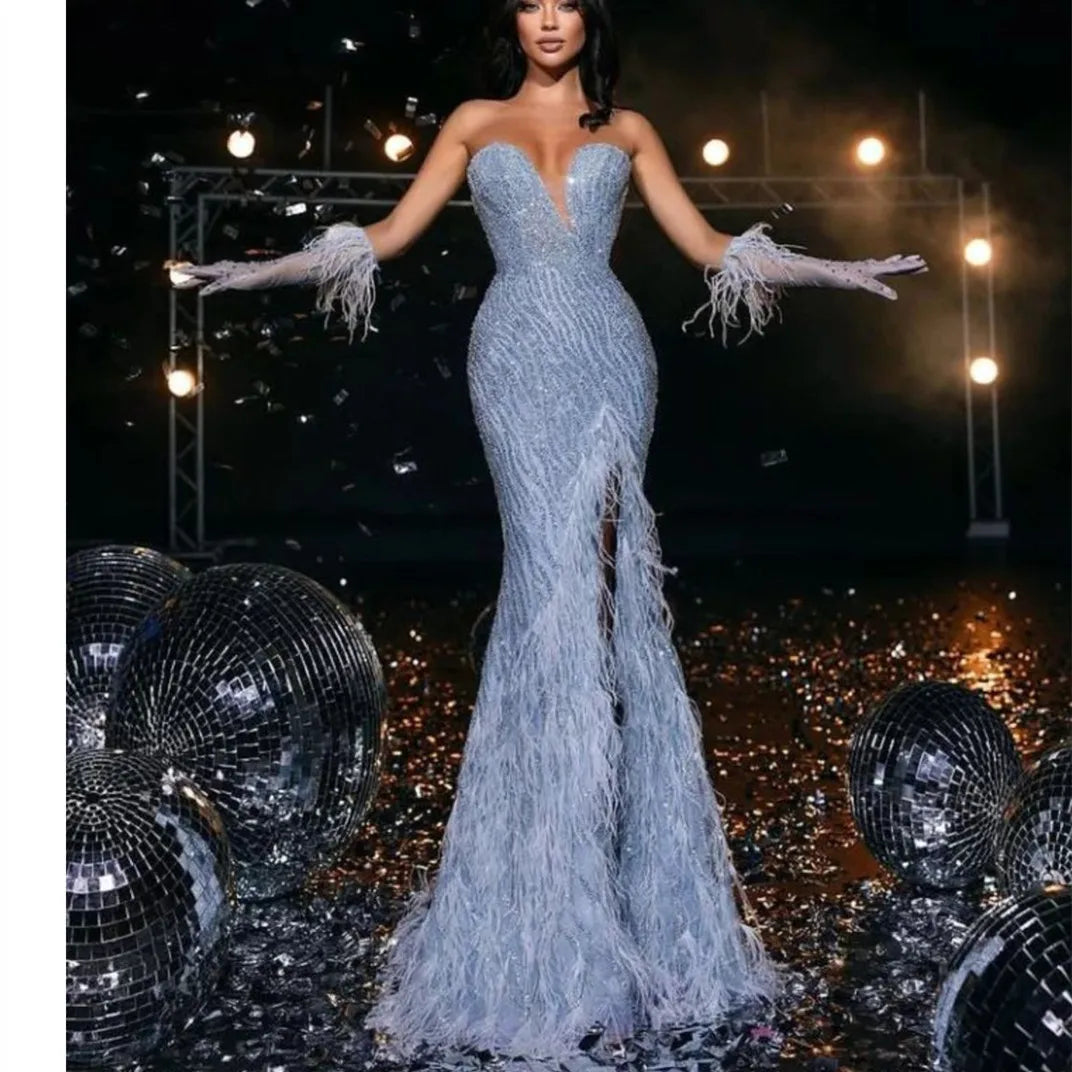 Plus Size Blue Prom Dress with Feather Sequins & Side Slit - Customizable