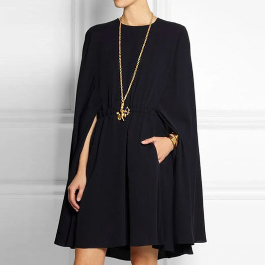 Elegant Black Cape-Style Mini Dress for Women - Yeezzi Fashion